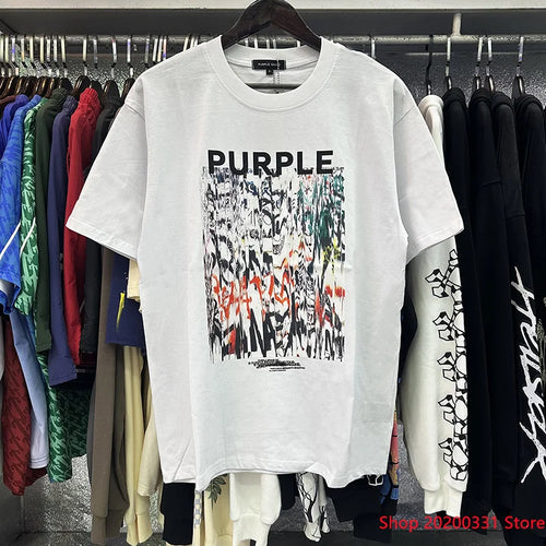 New Purple Brand T-shirt Round Neck Letter Print 100% Cotton High