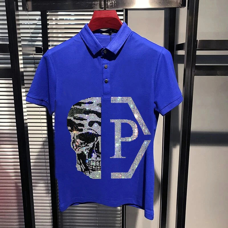 High Quality Rhinestone Skull Clothing Business Polo Shirts Men Summer