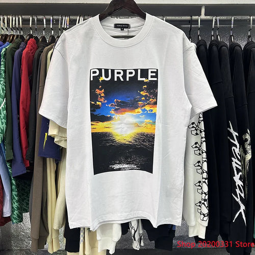 New Purple Brand T-shirt Round Neck Letter Print 100% Cotton High