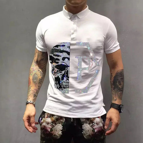 High Quality Rhinestone Skull Clothing Business Polo Shirts Men Summer