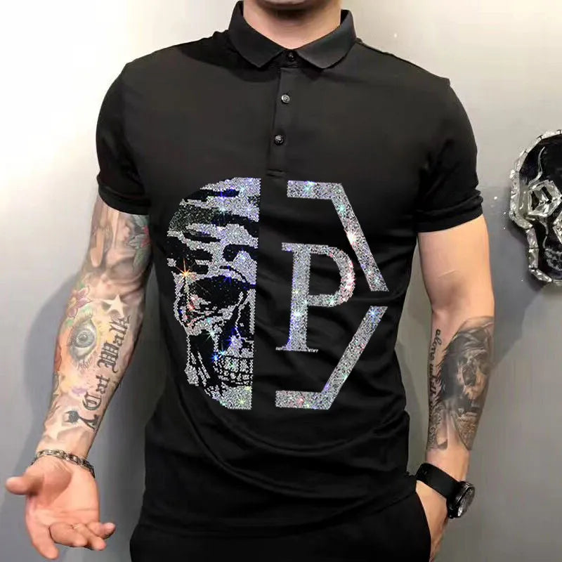 High Quality Rhinestone Skull Clothing Business Polo Shirts Men Summer